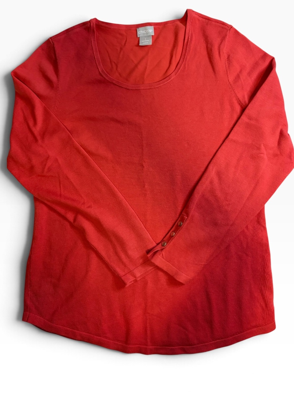 Chico’s Coral Red Soft Knit Sweater Size 1 Medium Scoop Neck Button Cuffs